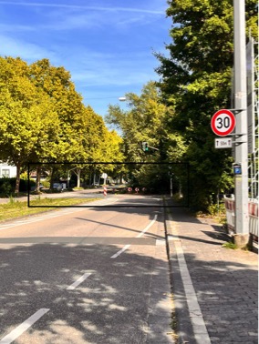 Foto der Straße An der Bruchspitze in Richtung Innenstadt. Man sieht eine Straße und Bäume links und rechts am Straßenrand.