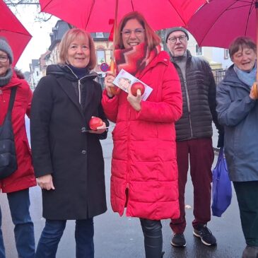 5 Personen stehen auf einer Straße, teilweise mit roten Regenschirmen. Alle schauen in die Kamera.